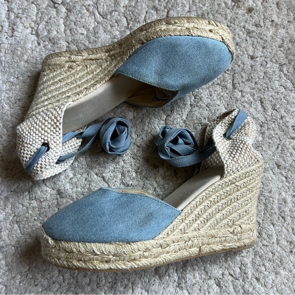 Saludos Light Denim Wrap Ankle Strap Platform Wedge Espadrille Size 8 - Picture 13 of 13